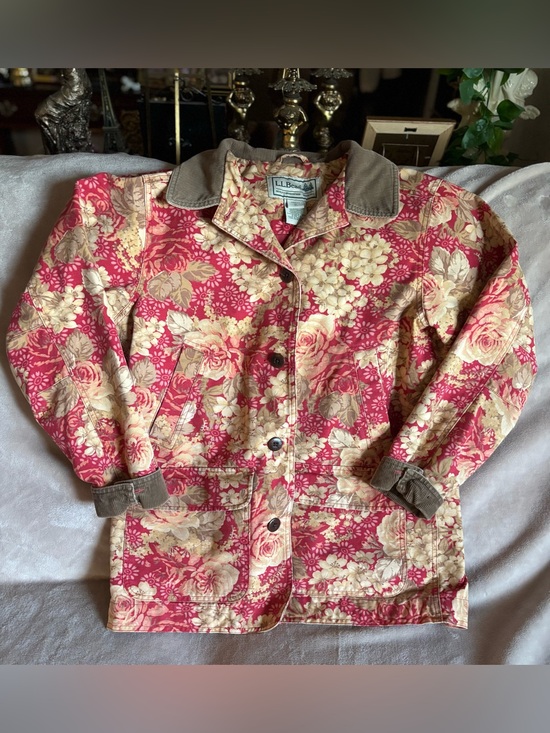 L.L. Bean Jackets & Blazers - L.L. Bean Floral Utility Barn Jacket Red & Cream Floral w/Brown Corduroy Trim